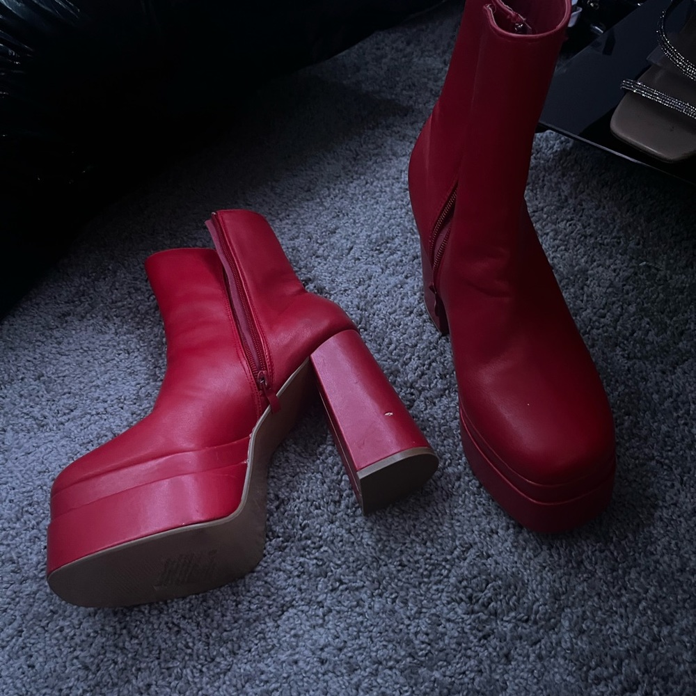 sexy red high heeled chunky boot with brown bottom